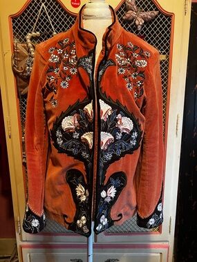 Rust Velvet Embroidered Stand-Collar Jacket